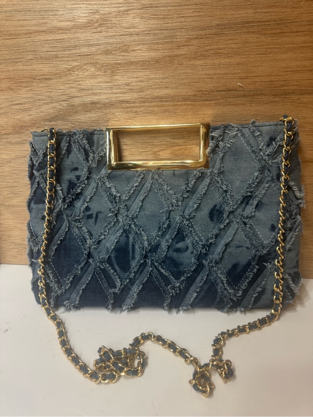 Denim Quilted Clutch  and crossbody with Gold Handle - Picture 4 of 11